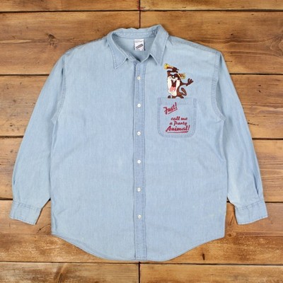 Vintage Warner Bros Taz Hemd L Herren Knopf 90er Baumwolle Chambray Blau