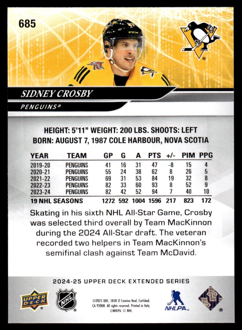 Sidney Crosby #685 2024-25 Upper Deck Pittsburgh Penguins | eBay