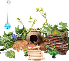 Crested Gecko Tank Accessories  Reptile Vines Plants with Coconut Shell Ladder Hi