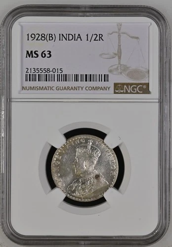 British India 1928 B Silver 1/2 Rupee NGC MS-63