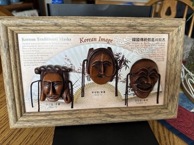 Korean Image Traditional Masks Plaque National Treasure 3 Hahoe Masks Shadow Box
