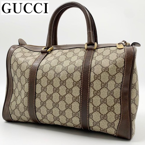 Gucci GG Supreme PVC Handbag Mini Boston Bag Gold Hardware Beige Brown Authentic