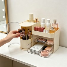 Makeup Organizer 360 Rotating Brush Holder with Drawers Milky White