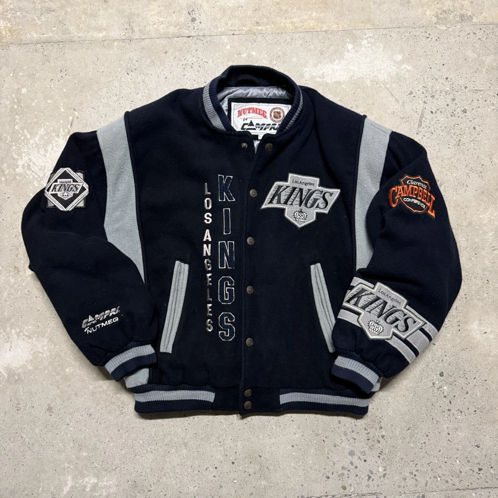 90s NHL Nutmeg LA Kings Wool Snap Button Varsity/Bomber Jacket Size L Y2K image 1