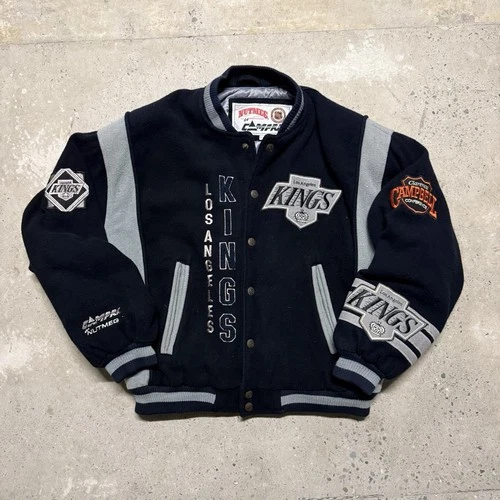 90s NHL Nutmeg LA Kings Wool Snap Button Varsity/Bomber Jacket Size L Y2K - product listing photo