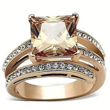 Women's Princess Cut CZ Orange Champagne Stainless Steel Rose Gold Plate Ring 