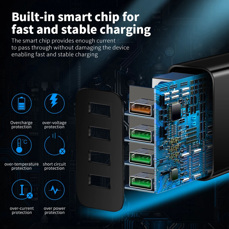 EE. UU. 4 puertos carga rápida QC 3.0 USB Hub pared hogar cargador adaptador de corriente enchufe Foto 4 de 4