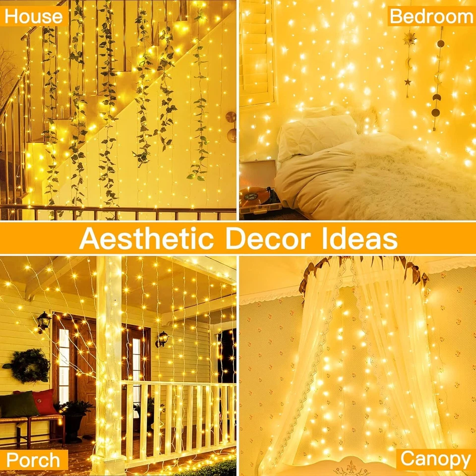 300 LED Curtain Fairy Lights USB String Light Remote Backdrop Xmas Party Wedding - Image 3 of 4
