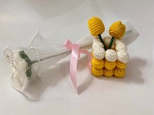 Hand Made Crochet Tulip Flowers in Pot  White Rose Bouquet Gift