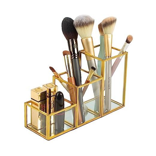 3-Tier Glass Makeup Organizer with Gold Accents for Brushes & Cosmetics  