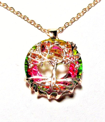 Rose Gold Tree Of Life Grn & Pink Crystal Ring Pendant 16'' Necklace-NWOT (#2692)