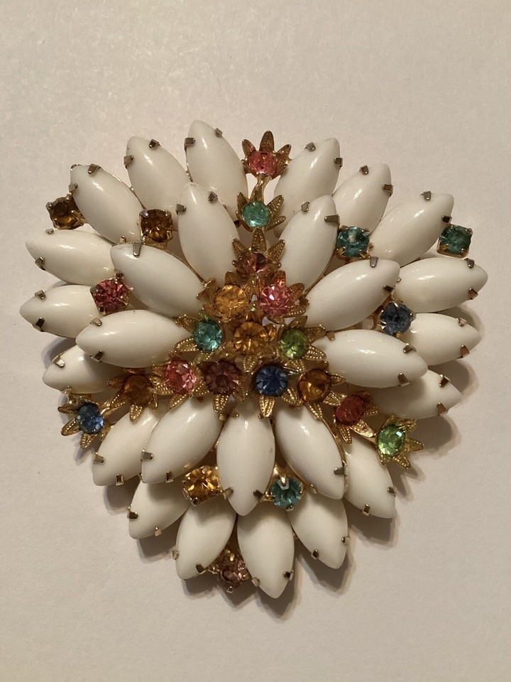 Vintage Rhinestone Layered Metal Flowers Milk Glass Petals Brooch