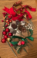Lot of 25 Christmas decorative floral picks holiday ornaments bells pine cones