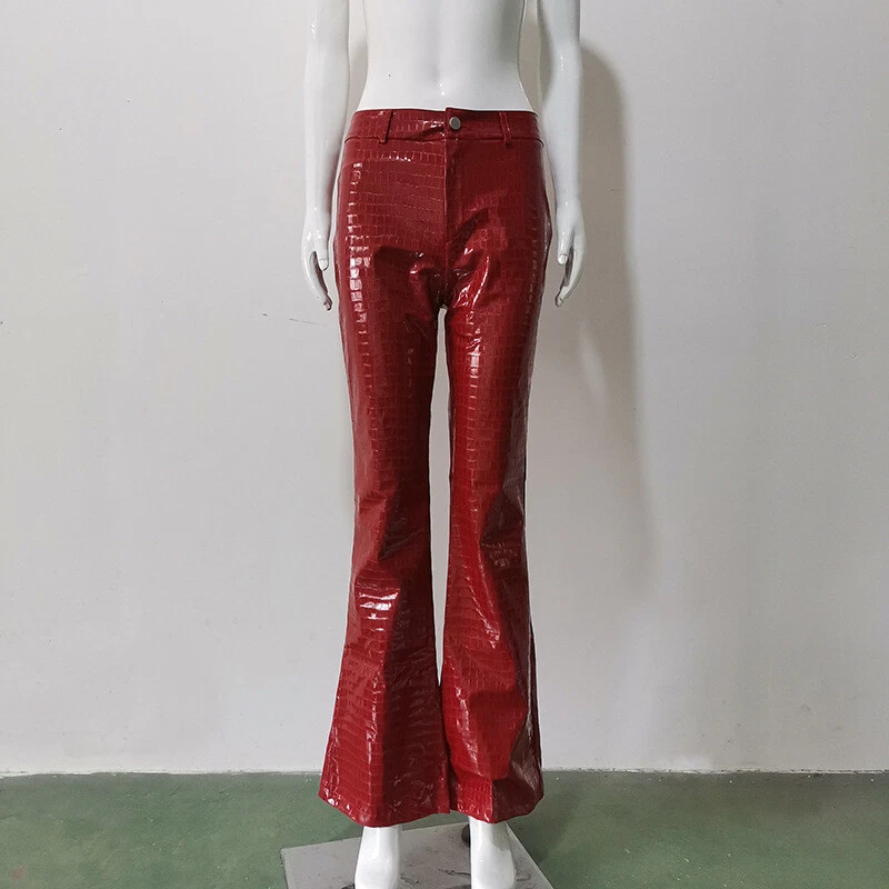 Ladies Faux Leather Flared Pants Trousers Bell-bottoms Shiny PU Retro  Casual Red