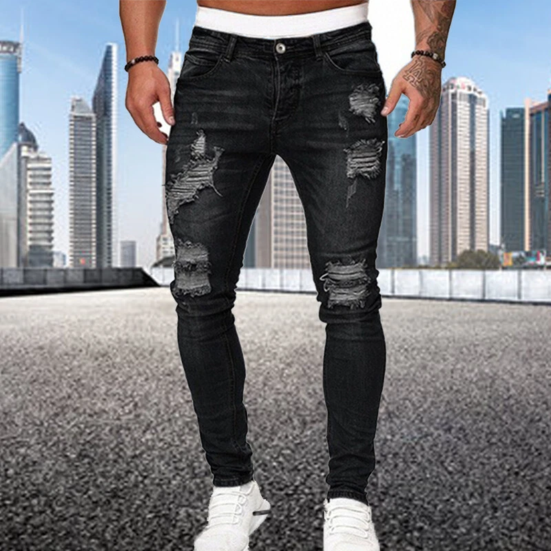 Pantalones Para Hombres De Vestir Elegante Moda Vaquero Rasgados Jeans  Pantalón