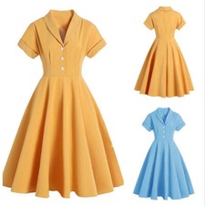 Lady Vintage Lapel V Neck Swing Dress Button Down Retro Pleated 1950 Party skirt