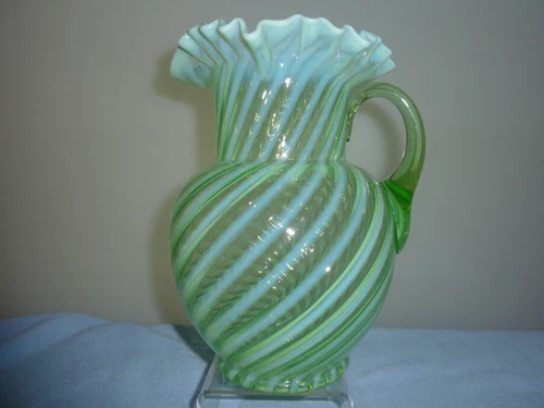 Fenton Green Opalescent Spiral Optic Pitcher 9 3/4" tall