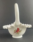 Vtg Fenton Milk Glass Basket w/ Hand Painted Cardinal & Artist Signed - J. Brown