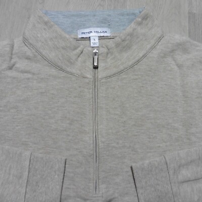 PETER MILLAR Mens L LARGE PULLOVER CROWN COMFORT STONE BEIGE 1/4 ZIP SWEATSHIRT