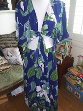 Shein Leaf Print Long Dress Wrap & Tie Front Hi Lo Style Green & Blue Size 2 XL