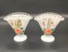 Pair Antique Fenton Silver Crest Milk Glass Small Fan Vases Hand Painted 4.25"