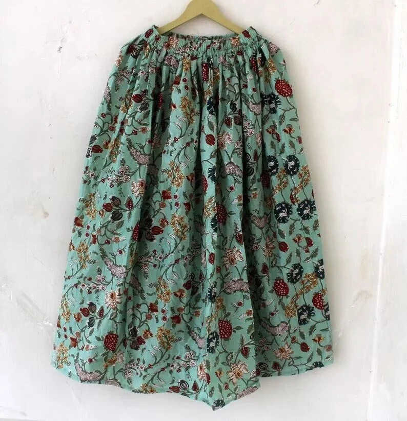 Indian Green Floral Skirt Cotton Skirt, Long Skirt, Free Size Beachwear Skirt AU
