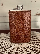 Tooled Leather, stainless steel  hip flask