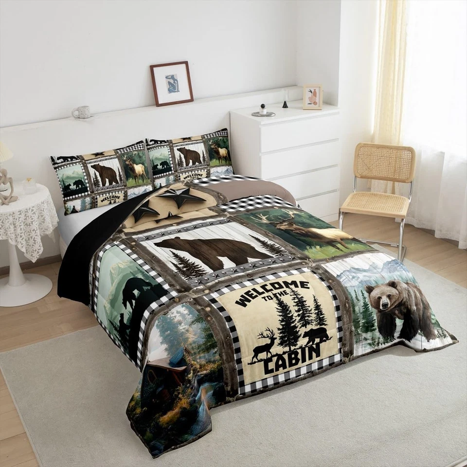 Farmhouse Decor,Rustic Bear Deer Quilt Twin,Black and White Checkered Buffalo... - Image 4 of 4