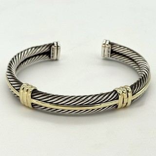 David Yurman Sterlingsilber & 14k Gold Doppelkabel Scharnier Manschette Armreif 7 5"