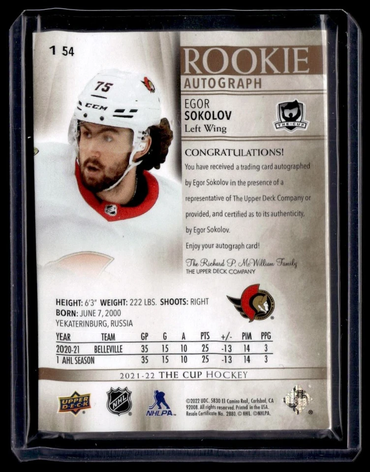 2021-22 Upper Deck The Cup Egor Sokolov Rookie Auto /36 Ottawa Senators - Image 2 of 2
