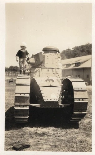 Antique 1920's Photo Snapshot Of Adorable Baby Infant On WW1 Tank w White Helmet
