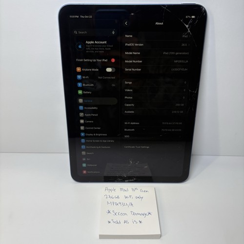 Apple iPad 10th Gen256GB WiFi MPQ93LL/A - Blue (Screen Damage) Sold As Is