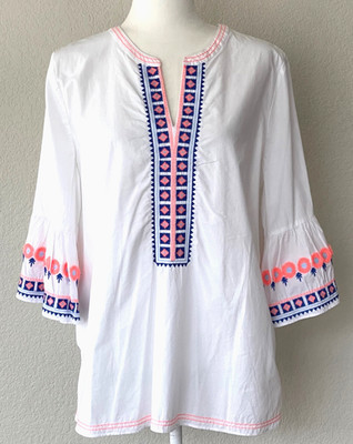 LILLY PULITZER Rissa Embroidered Tunic Top 3/4 Length Bell Sleeve White Wms L