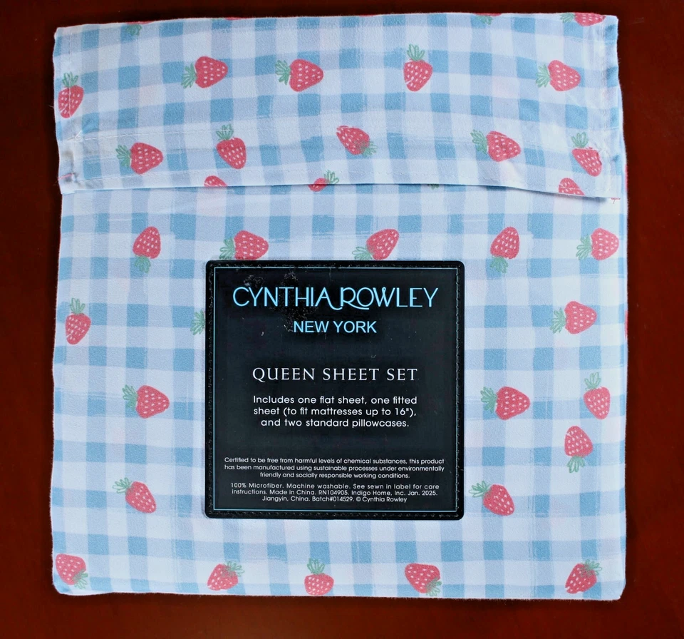 Juego de sábanas Cynthia Rowley Queen fresas azul guinga cuadros 4 piezas microfibra Foto 2 de 4