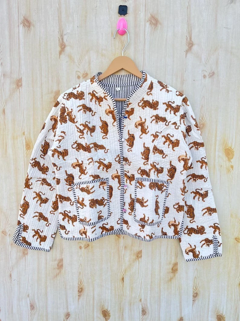 Indian White Tiger Cotton Quilted Unisex Jacket Women's Clothing Jackets US