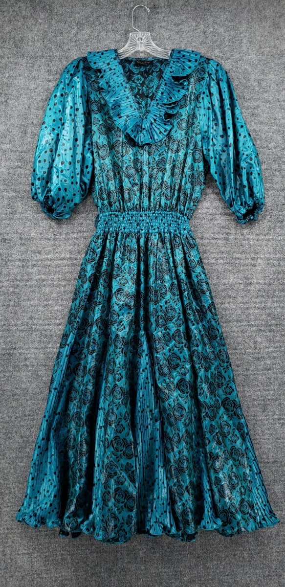 VINTAGE Diane Freis Dress Womens L Large Blue Midi Floral Fit Flare V Neck  Boho