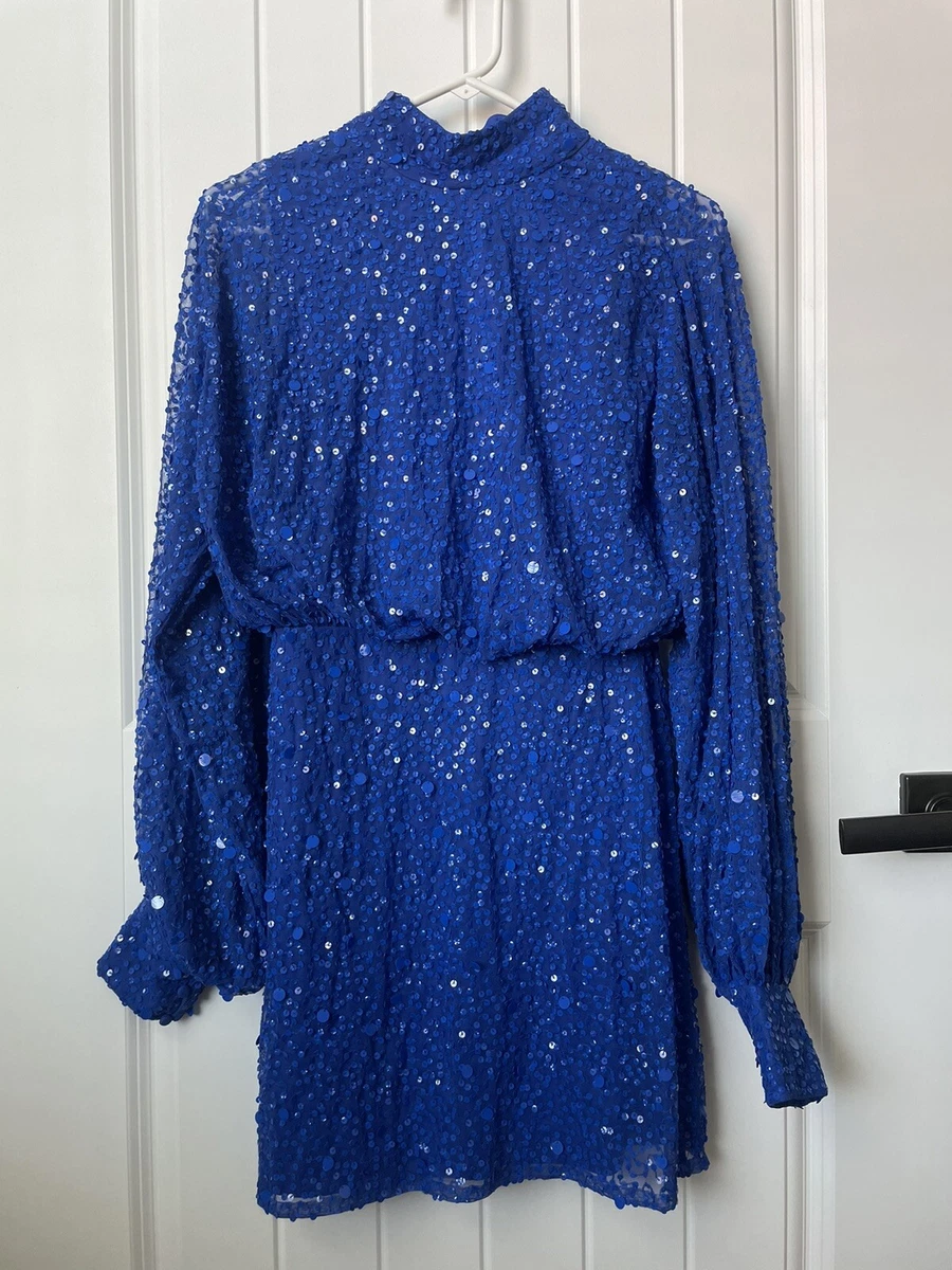 Nasty Gal Bridal Balloon Sleeve Embellished Mini Dress Size 6 Blue