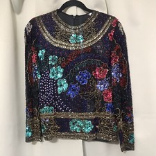 Vintage 80s Beautifully Made 100 Silk Multicolor Beaded Sequins Blouse