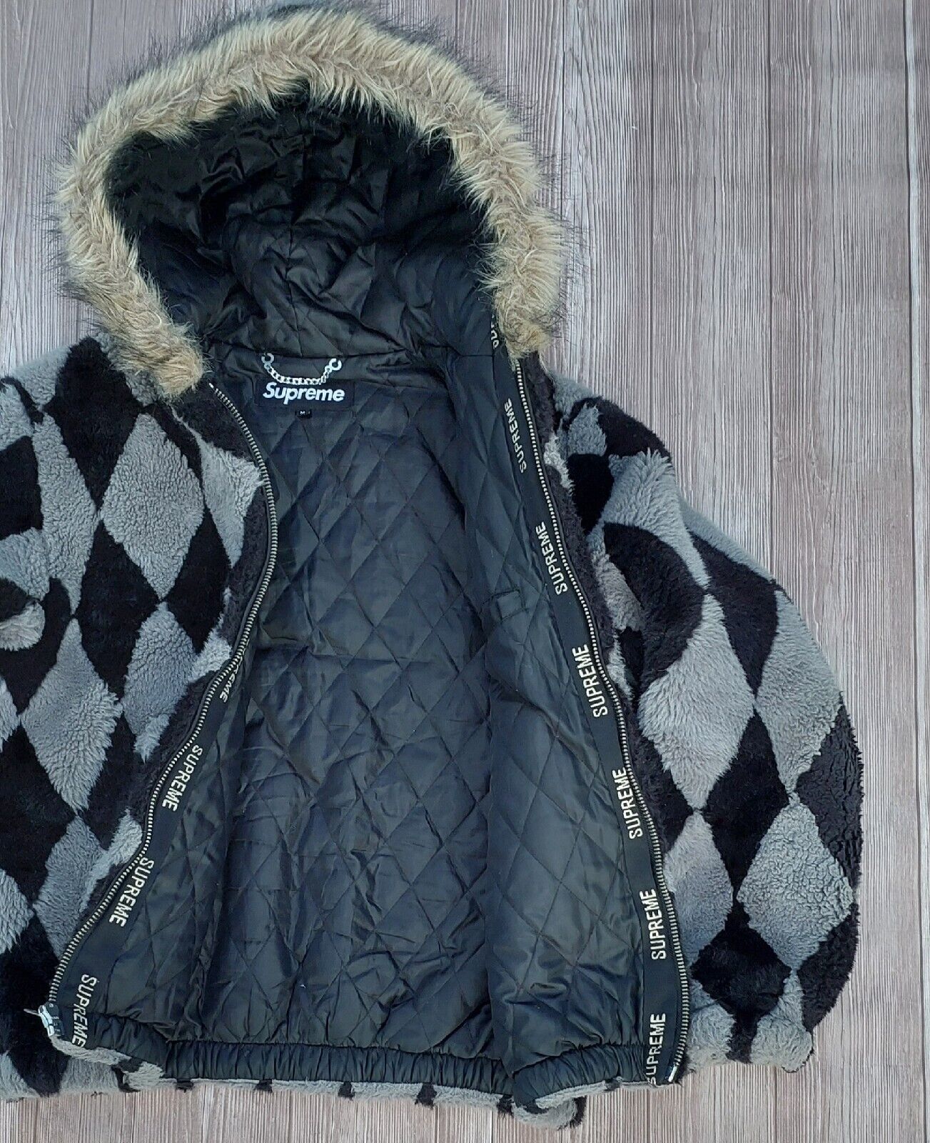 Supreme Diamond Faux Fur Jacket Black Gray Size Medium Bomber