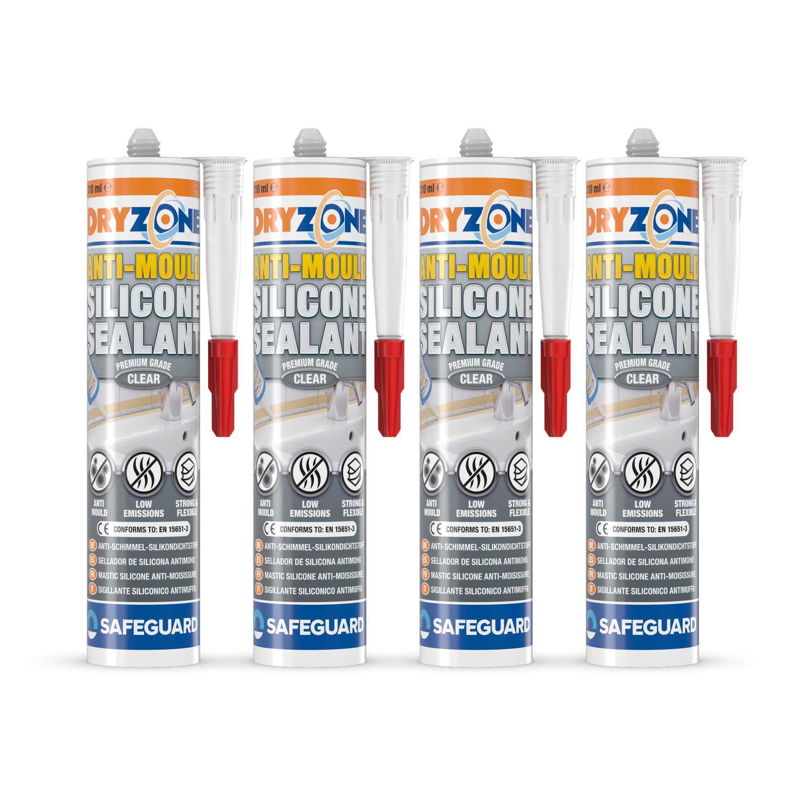 Dryzone Silicone Sealant Clear Anti Mould for Bathroom Kitchen -  310ml x4 Pack
