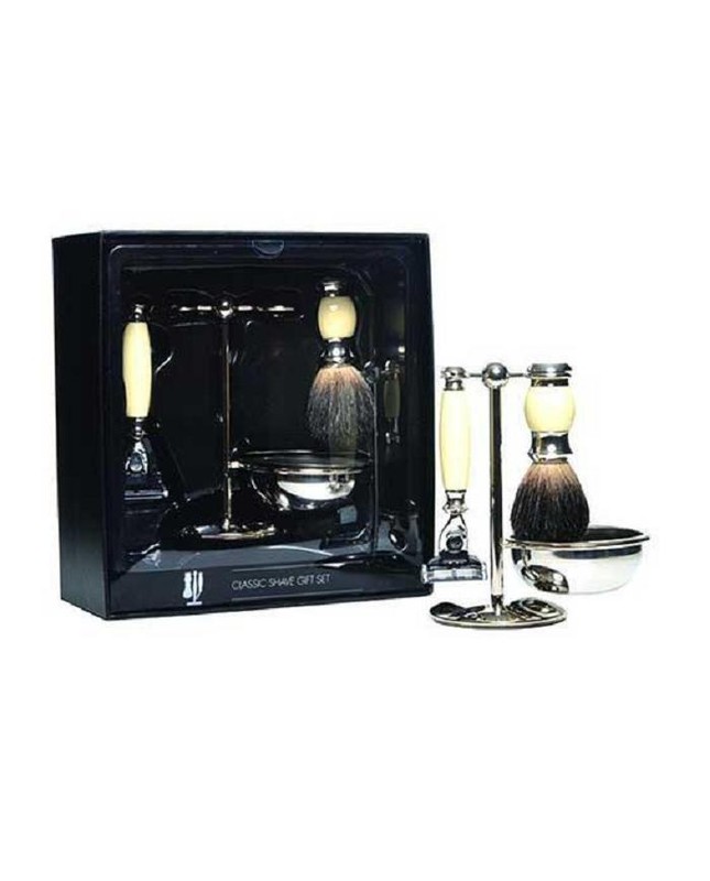 CLASSIC SHAVE GIFT SET, Faux Ivory Badger Shave Brush-Mach 3 Razor-Bowl-Stand  