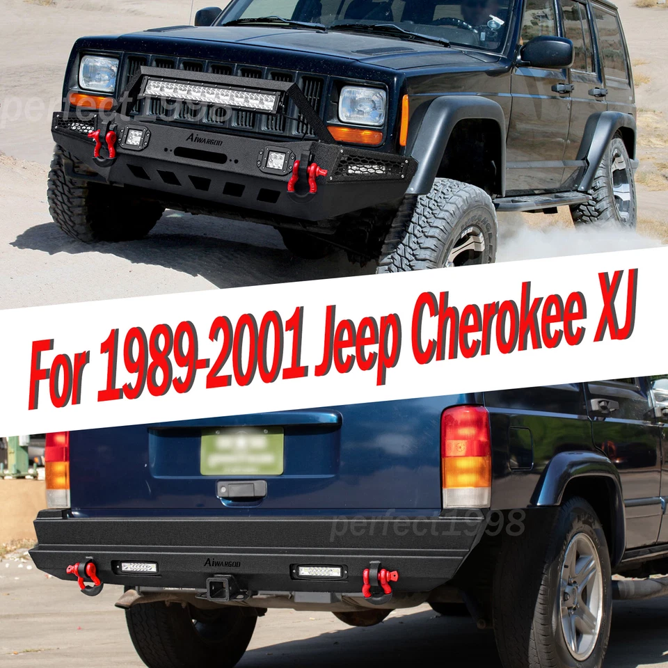 Parachoques delantero trasero para Jeep Cherokee XJ 1989-2001 con luces LED anillos en D asiento de cabrestante Foto 2 de 4