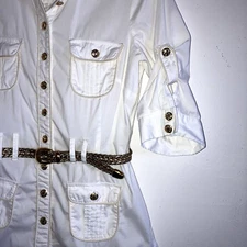 BEBE S Fresh White Cotton Gold Logo Button Short Sleeve Tunic Top Belt Pintuck