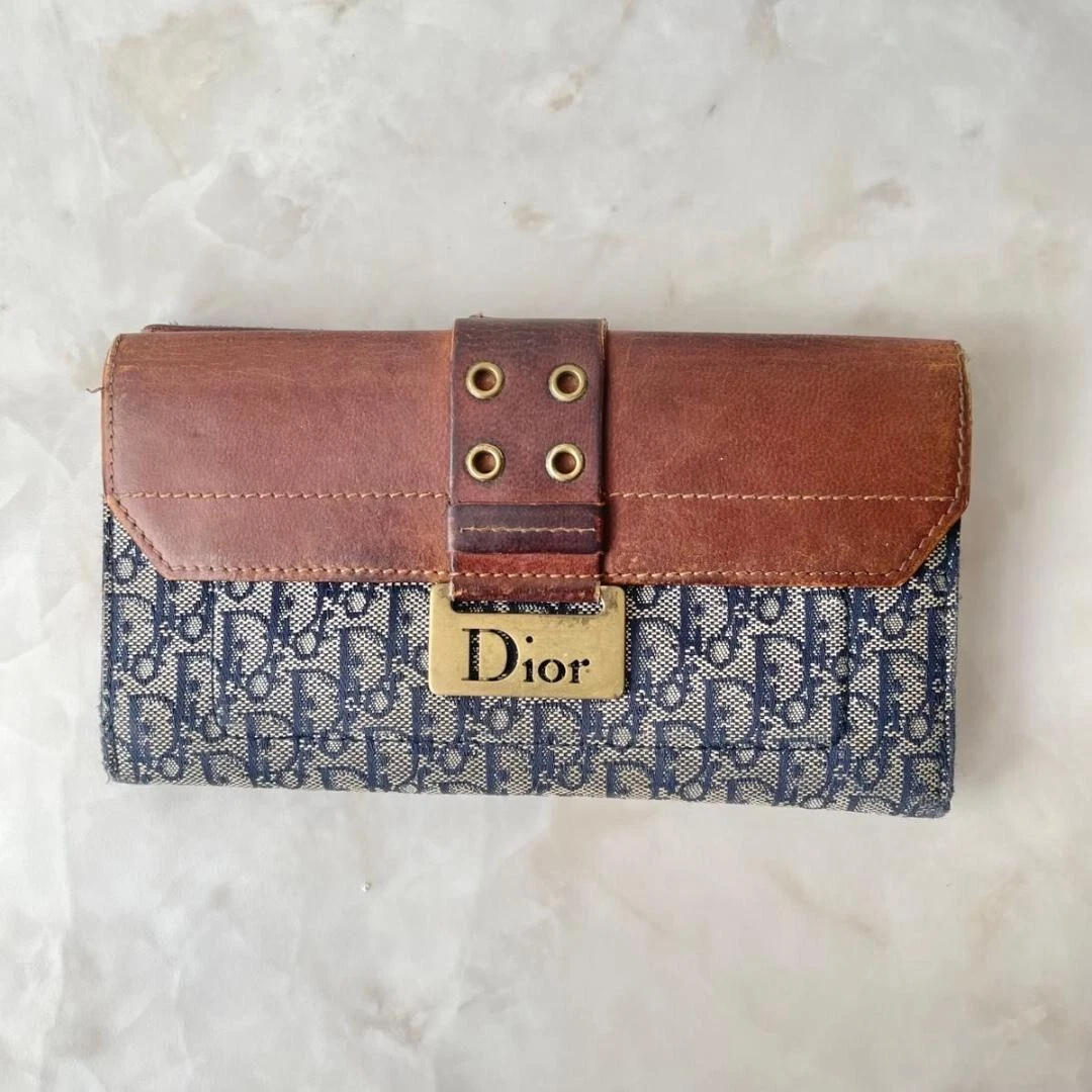 Portefeuille pliant Christian Dior motif trotteur toile couleur cuir marron marine