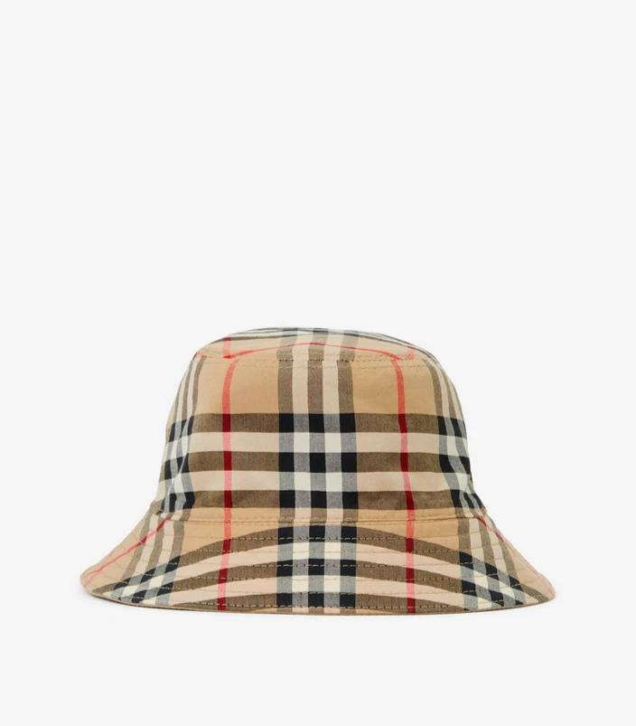 New Burberry Unisex Reversible Check Bucket Hat Size 4-6 Y, HONEY -Orig. $270