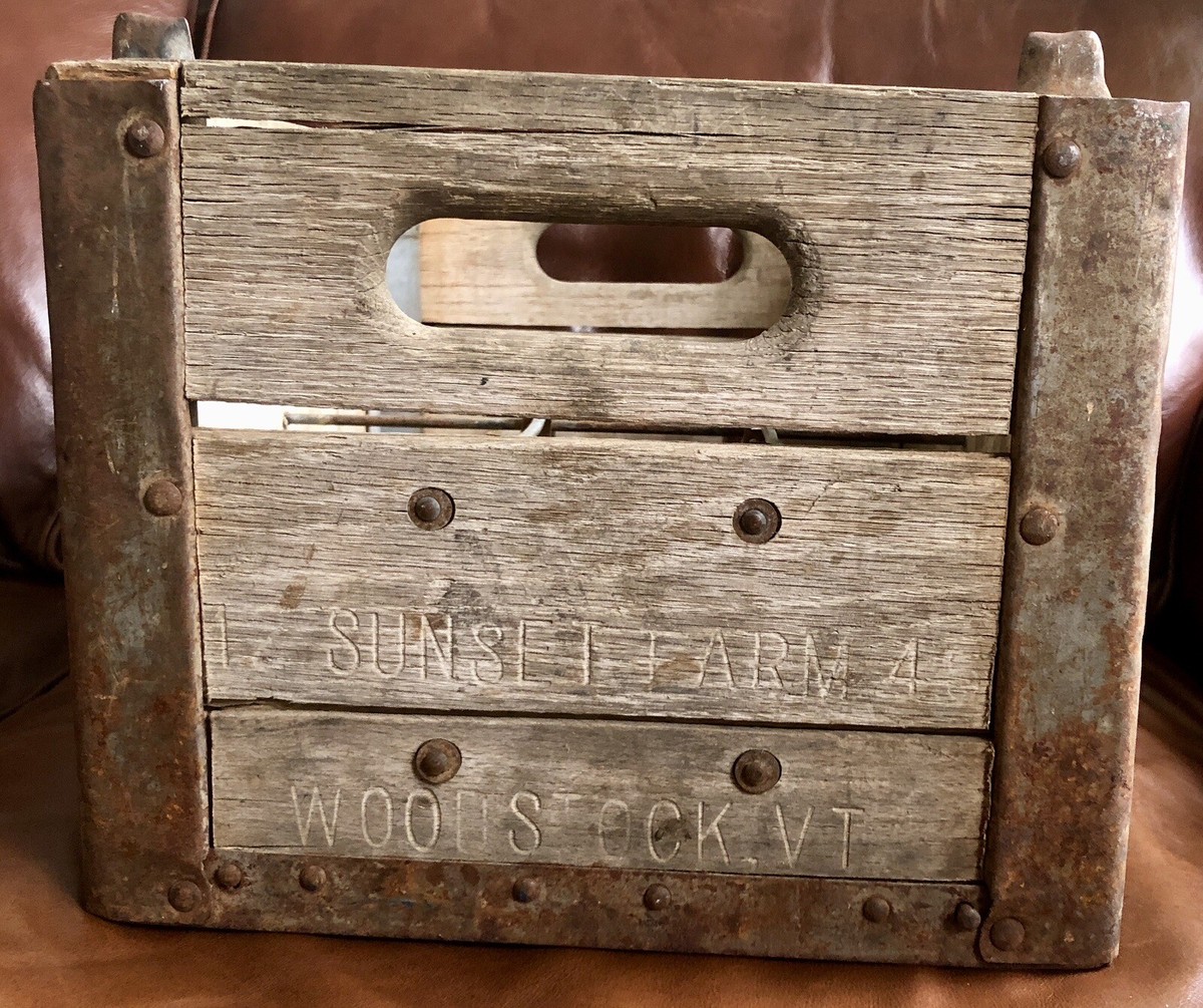 Antique Woodstock VT Sunset Farms Wood Metal Dairy Milk Crate RARE