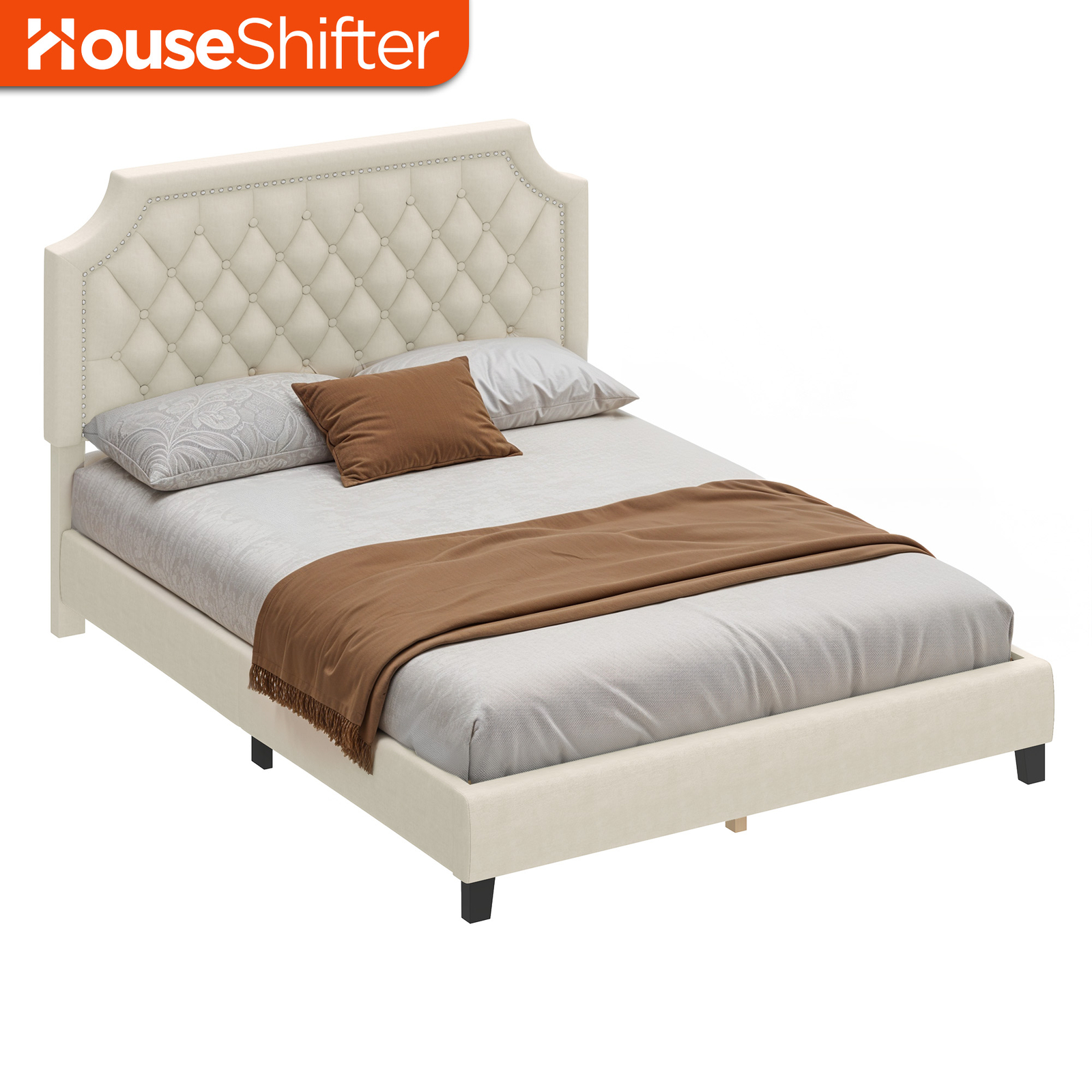 Bed Frame Queen Size Adjustable Height Upholstered Headboard Wood Slats Platform-image