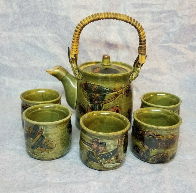 Vintage Stoneware Pottery Green OMC Japan Tea Pot Teapot Set Of 6 eBay