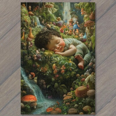 POSTCARD Sleeping Baby Creepy Enchanted Forest Scene Fantasy Mushrooms Nature