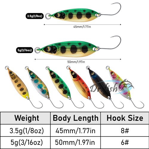 6 piezas señuelo de pesca brillante metal spinner cebo aparejo crankbait cuchara trucha lubina - Imagen 7 de 8